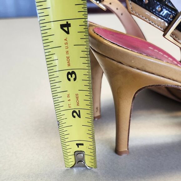Kate Spade Camel Brown Black Patent Leather Peep Toe Stiletto Heels, 8.5 AA - Picture 9 of 9